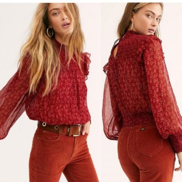 Free People Tops - FP Roma Floral Chiffon Smocked Puff-sleeve -NWT
